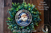 A wreath made of green leaves and a Santa Claus figurine, with the text "Happy Holidays" displayed on it.