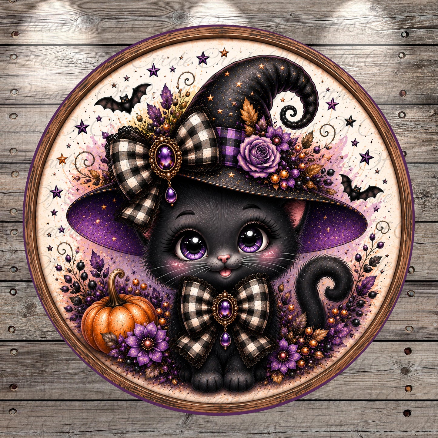 A whimsical illustration of a black cat wearing a witch's hat, adorned with a bow and surrounded by autumnal elements such as a pumpkin, flowers, and stars.
