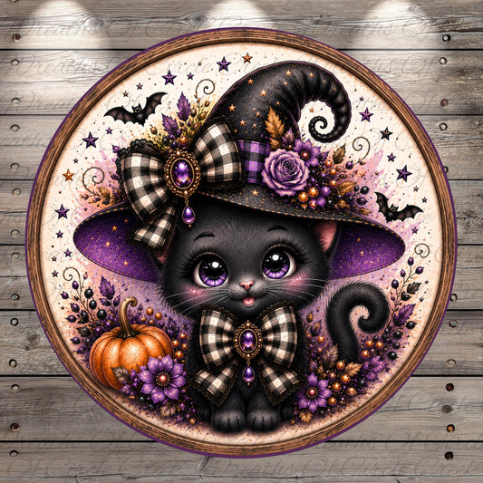 A whimsical illustration of a black cat wearing a witch's hat, adorned with a bow and surrounded by autumnal elements such as a pumpkin, flowers, and stars.