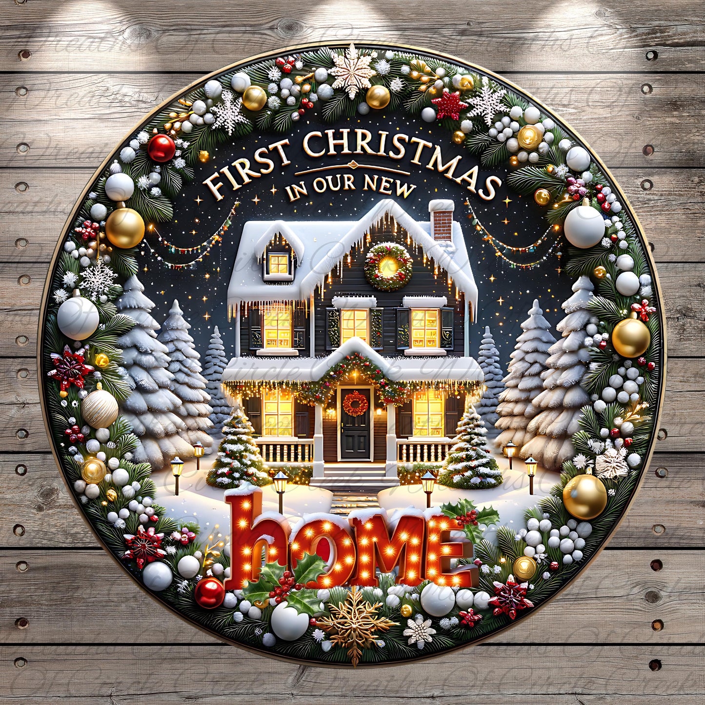 A festive Christmas wreath surrounds a beautifully decorated house, with the text "First Christmas in our new home" displayed prominently.