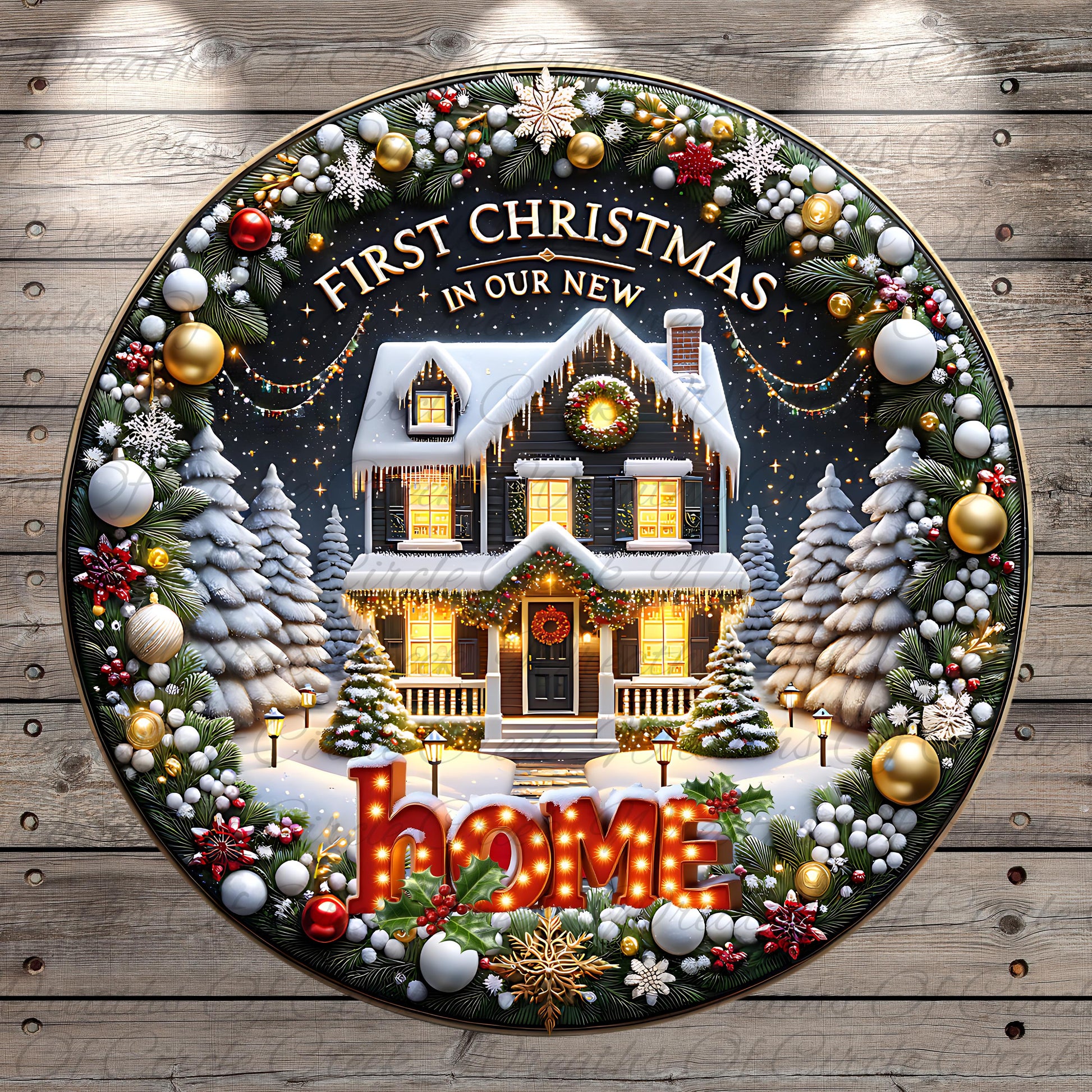 A festive Christmas wreath surrounds a beautifully decorated house, with the text "First Christmas in our new home" displayed prominently.