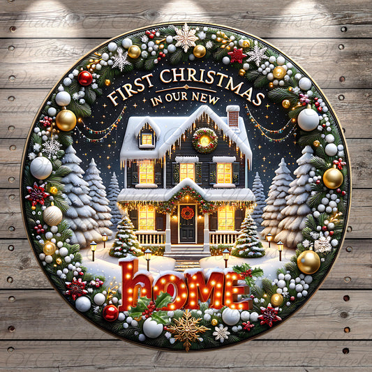 A festive Christmas wreath surrounds a beautifully decorated house, with the text "First Christmas in our new home" displayed prominently.