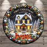 A festive Christmas wreath surrounds a beautifully decorated house, with the text "First Christmas in our new home" displayed prominently.