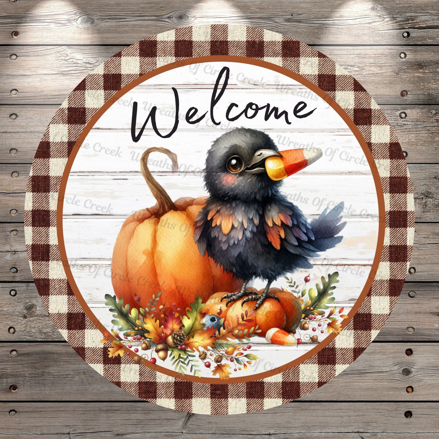 Crow With Candy Corn, Welcome, Fall, Halloween, Plaid Border, Round UV Coated, Metal, Light Weight, Wreath Sign, No Holes In Sign