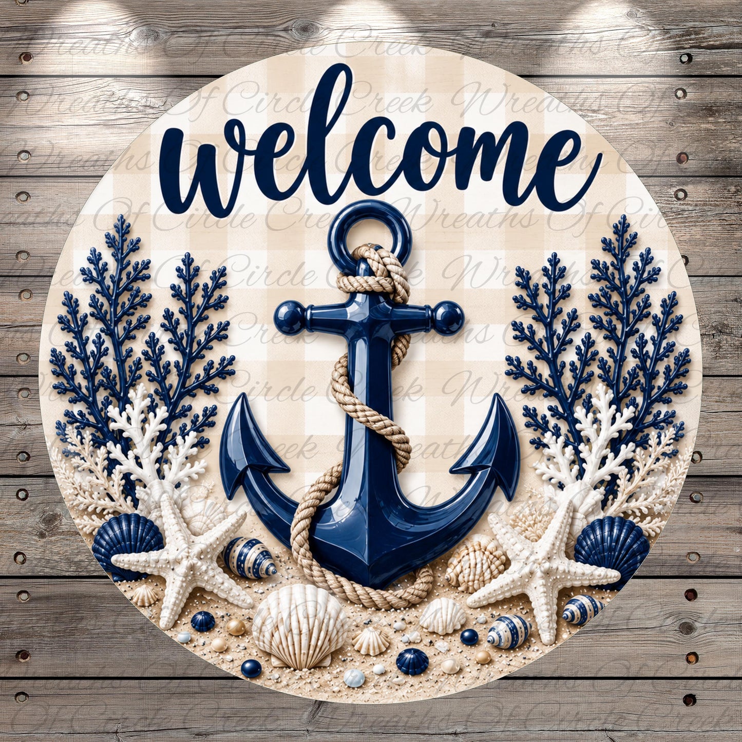 a circular sign with a blue anchor, surrounded by seashells, starfish, and a rope, all set against a wooden background.