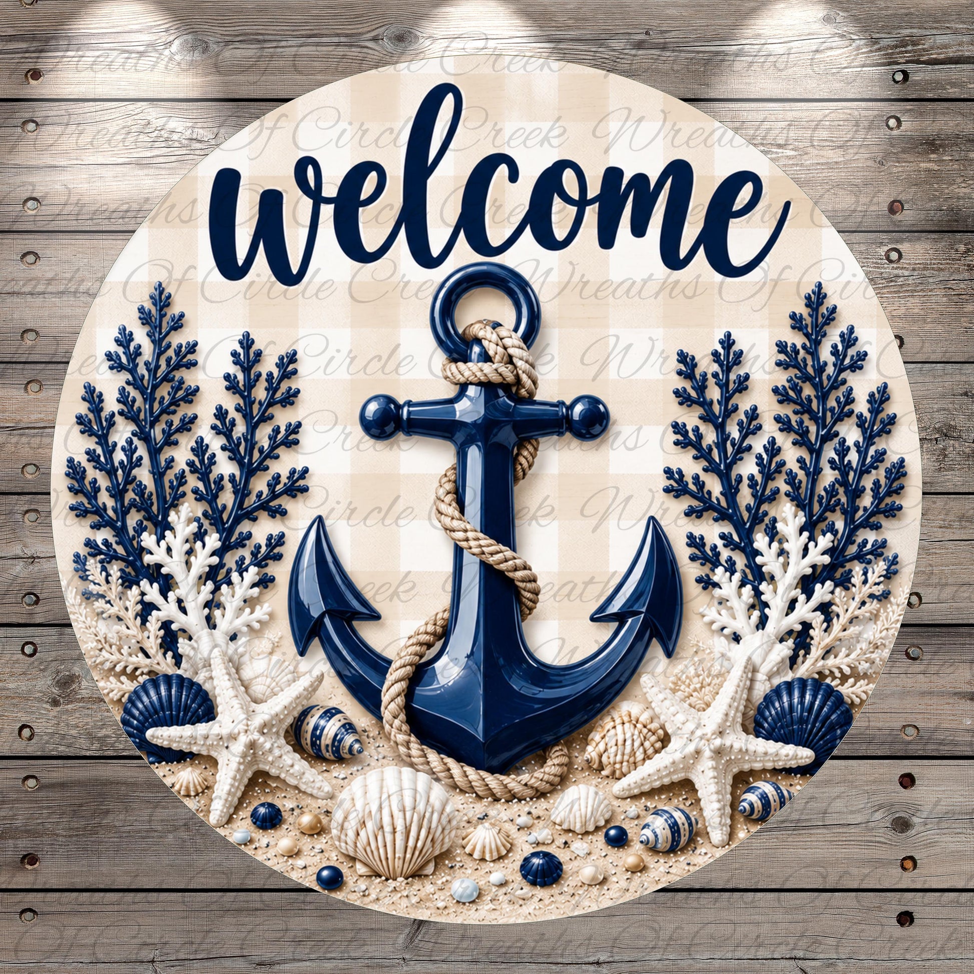 a circular sign with a blue anchor, surrounded by seashells, starfish, and a rope, all set against a wooden background.