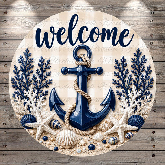 a circular sign with a blue anchor, surrounded by seashells, starfish, and a rope, all set against a wooden background.