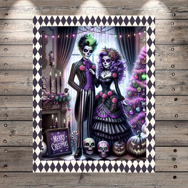 The image is a digital illustration featuring a couple dressed in gothic-style clothing, surrounded by various Halloween-themed elements such as skulls, pumpkins, and a Christmas tree.