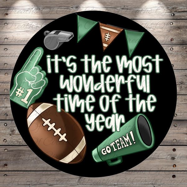 a football-themed design with various football-related items, including a football, a whistle, a cheerleader, and a megaphone, all set against a black background.