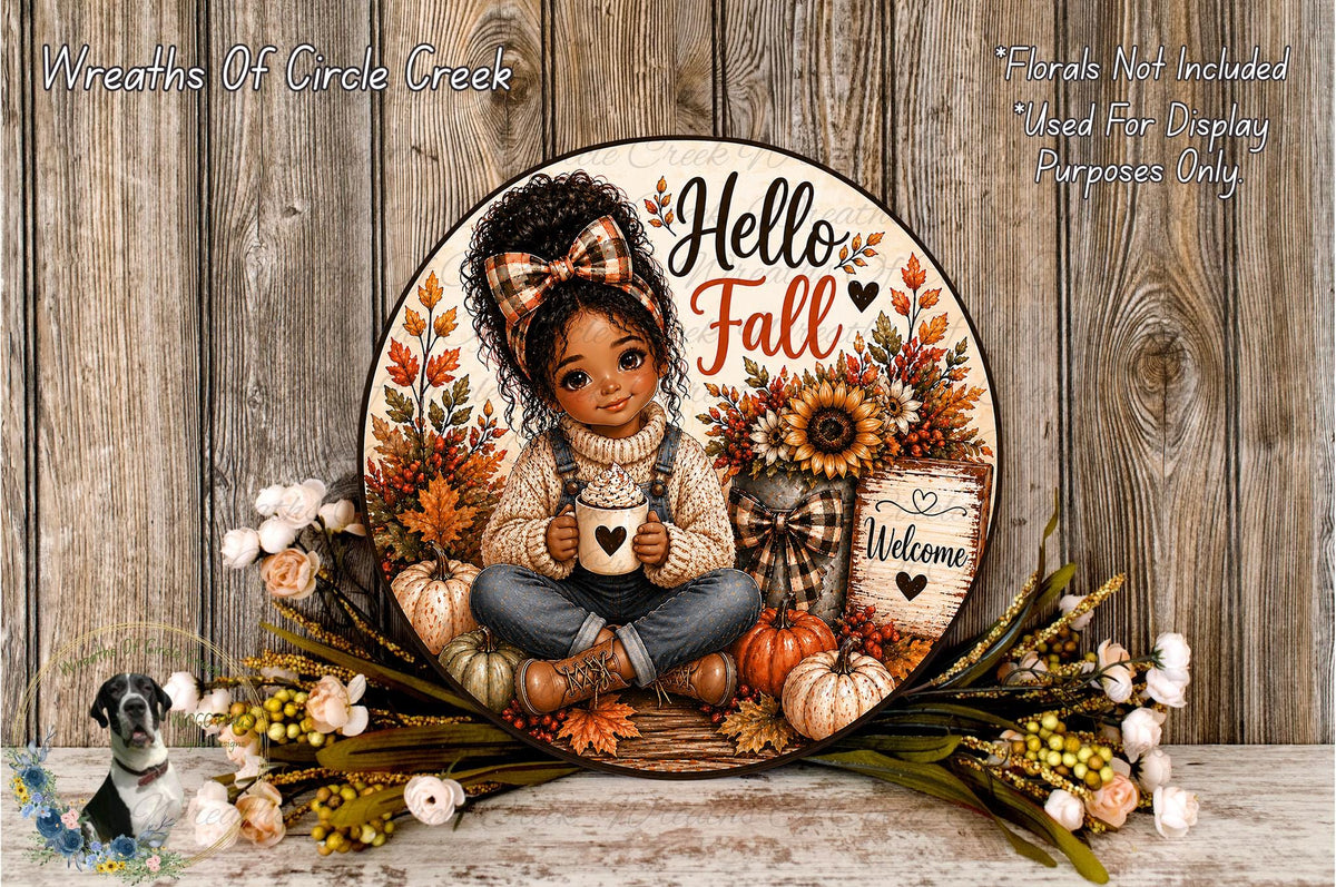 A decorative wreath featuring a young girl sitting amidst autumn foliage, flowers, and pumpkins, with the text "Hello Fall" and "Welcome" displayed.