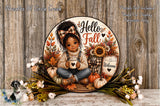 A decorative wreath featuring a young girl sitting amidst autumn foliage, flowers, and pumpkins, with the text "Hello Fall" and "Welcome" displayed.