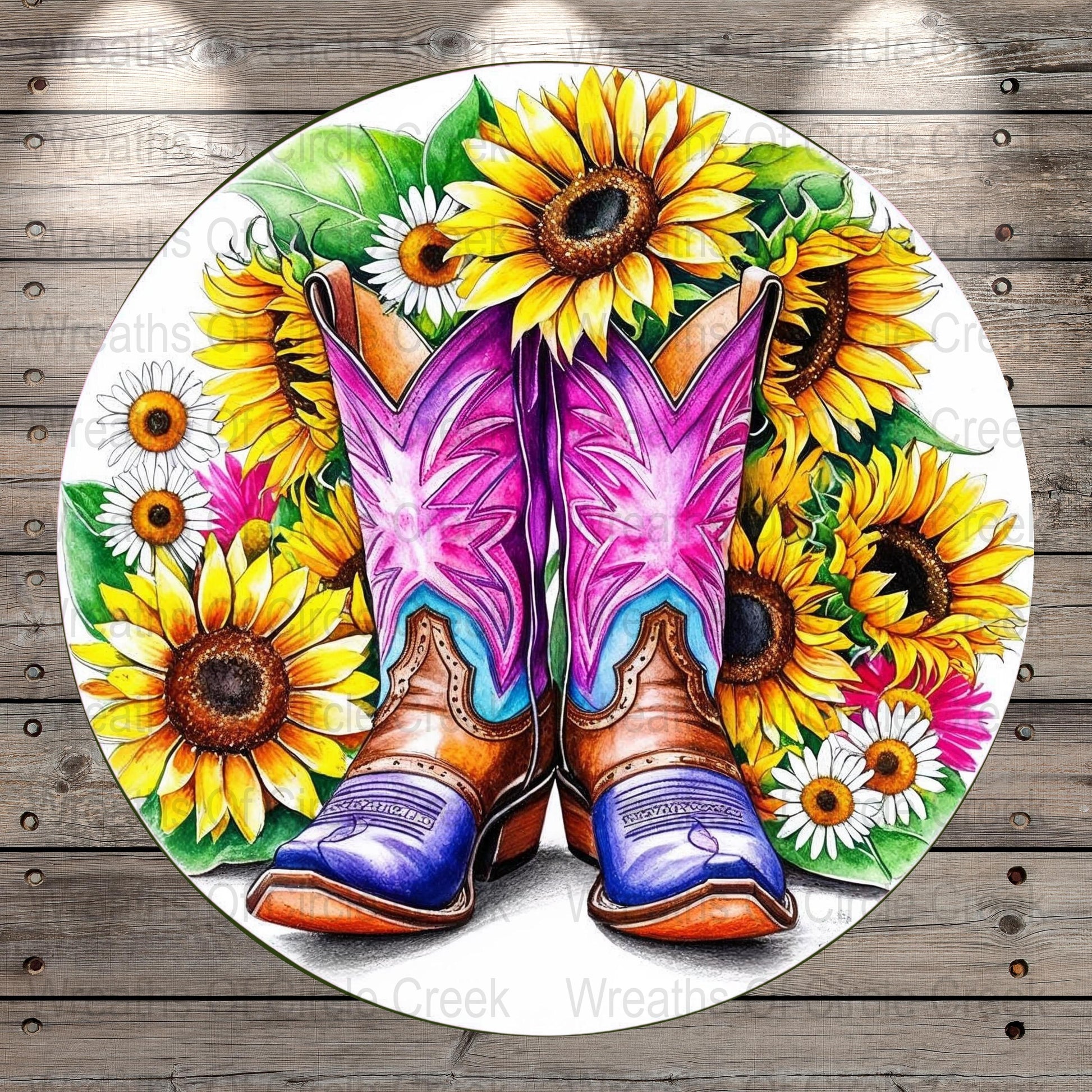 Colorful Cowboy Boots and Sunflowers Round Wall Art, Western Decor, Rustic Home Decoration, Vibrant Floral Print