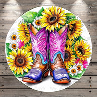 Colorful Cowboy Boots and Sunflowers Round Wall Art, Western Decor, Rustic Home Decoration, Vibrant Floral Print