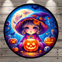 Spooky, Classic, Halloween Witch, Jack O Lantern, Round, Light Weight, Metal Wreath Sign, No Holes In Sign