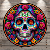 Sugar Skull, Calaveras De Azúcar, Day Of The Dead, Dia De Los Muertos, Orange, Black Border, Light Weight, Metal, Wreath Sign, No Holes In Sign