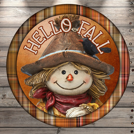 Hello Fall, Scarecrow, Fall Plaid, Round UV Coated, Metal Sign, No Holes