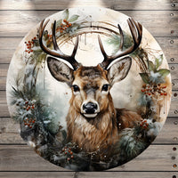 Winter Deer With Wreath, Berries, Wilderness, Watercolor, Round Metal, Wreath Sign, No Holes