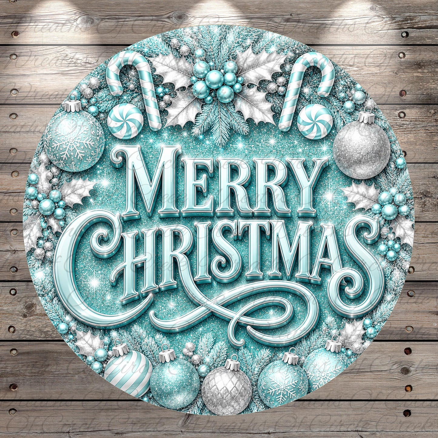 A circular Christmas-themed design with various ornaments, candy canes, and the text "MERRY CHRISTMAS" prominently displayed.