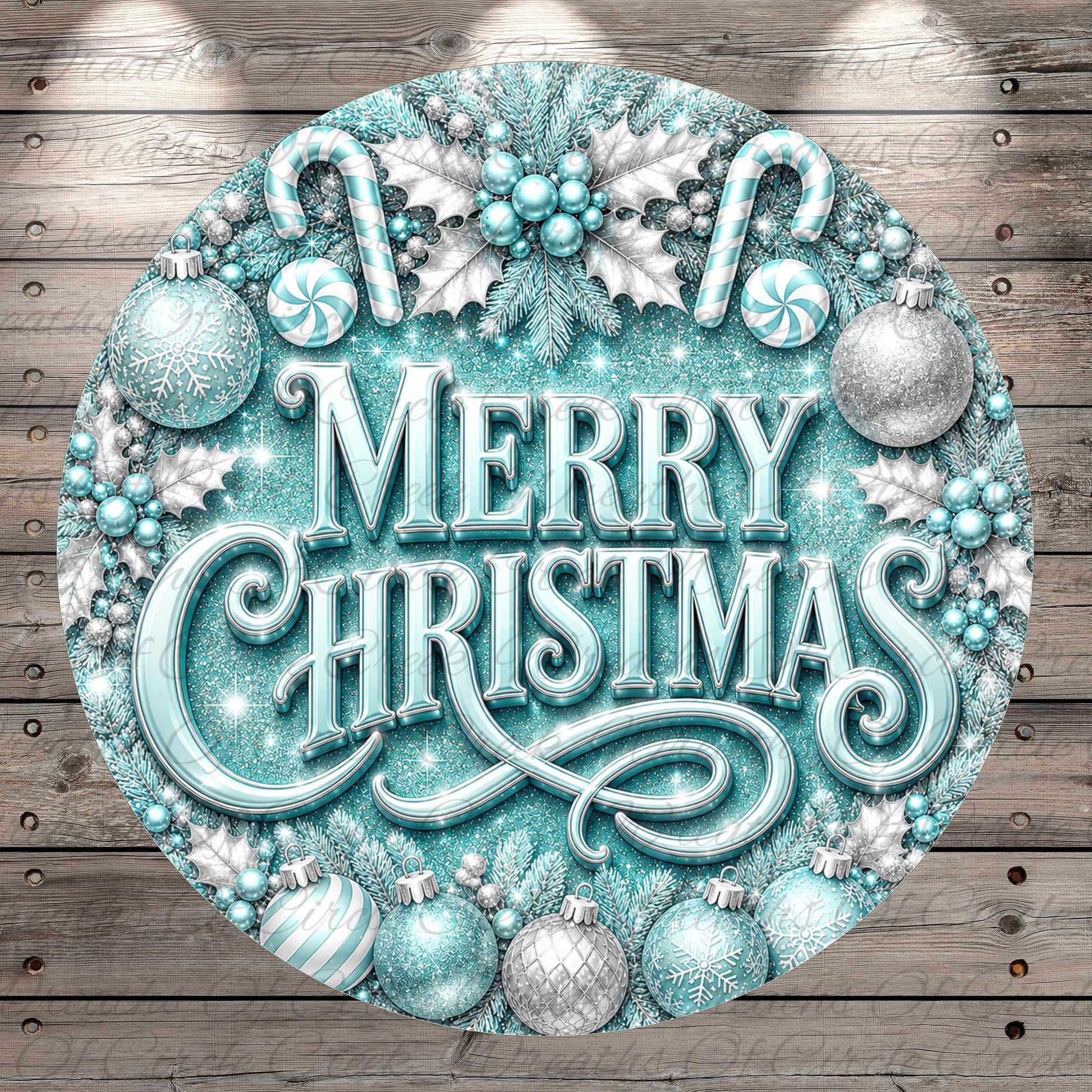 A circular Christmas-themed design with various ornaments, candy canes, and the text "MERRY CHRISTMAS" prominently displayed.