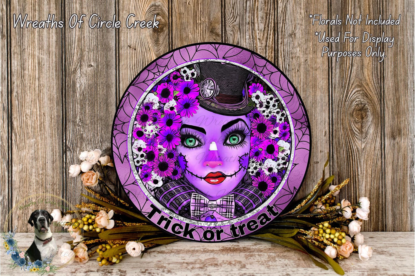 Trick or Treat Purple Scarecrow Sign | Lightweight Metal Wreath Sign | Halloween Floral Decor | No Holes in Sign