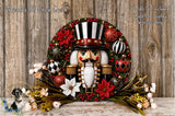 A wreath featuring a nutcracker figure surrounded by various Christmas ornaments, flowers, and greenery.