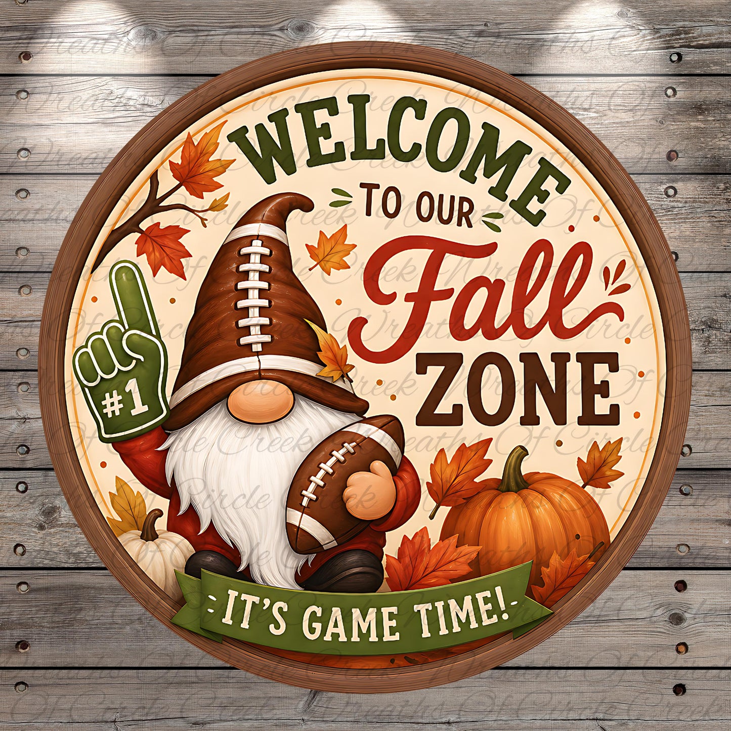 a circular sign with a football and autumn leaves, along with a gnome holding a football. The sign reads "Welcome to our Fall Zone" and "It's Game Time!"