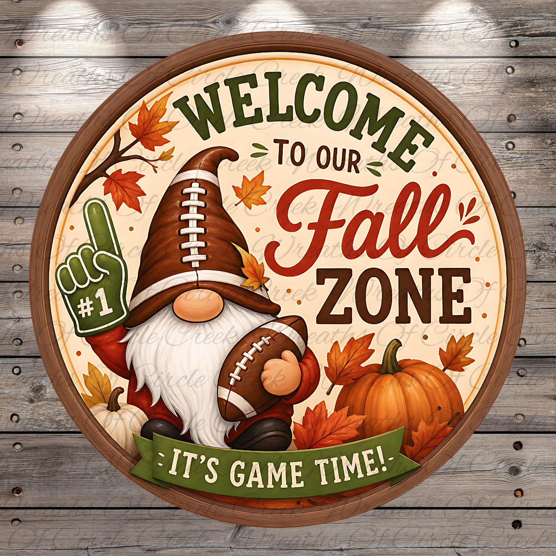 a circular sign with a football and autumn leaves, along with a gnome holding a football. The sign reads "Welcome to our Fall Zone" and "It's Game Time!"