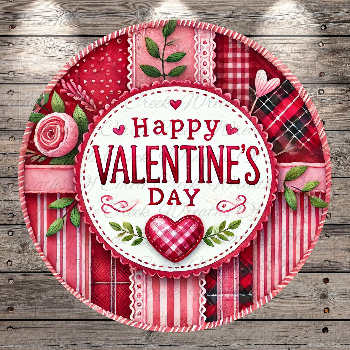 A circular, decorative plate with a "Happy Valentine's Day" message in the center, surrounded by various floral and patterned elements such as roses, leaves, and plaid fabric.