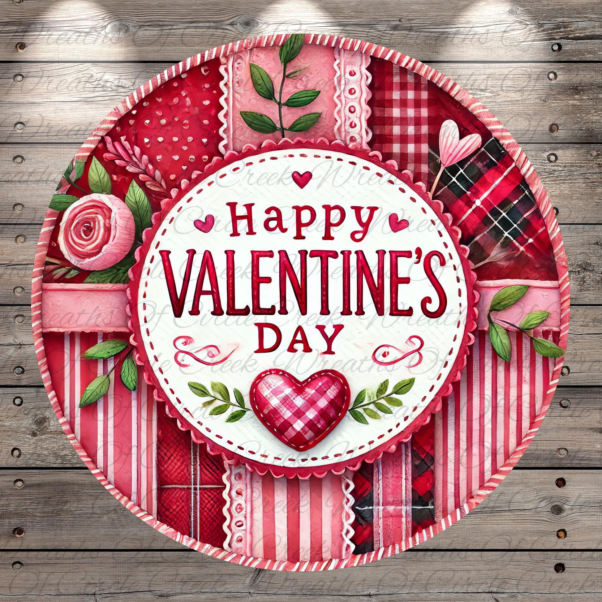 A circular, decorative plate with a "Happy Valentine's Day" message in the center, surrounded by various floral and patterned elements such as roses, leaves, and plaid fabric.
