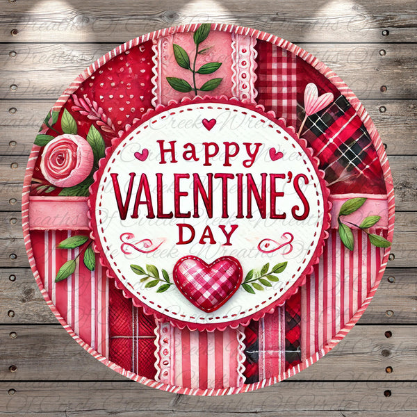 A circular, decorative plate with a "Happy Valentine's Day" message in the center, surrounded by various floral and patterned elements such as roses, leaves, and plaid fabric.