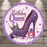a large purple high-heeled shoe with a crown on it, surrounded by various accessories such as a bottle of perfume, sunglasses, and butterflies. The text "Birthday Queen" is prominently displayed, indicating the theme of the image.