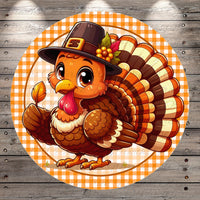 A cartoon turkey wearing a hat and holding a leaf, set against a wooden background with a checkered pattern.