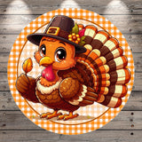 A cartoon turkey wearing a hat and holding a leaf, set against a wooden background with a checkered pattern.