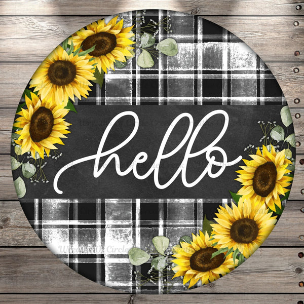 Hello, Plaid, Sunflowers, Round UV Coated, Metal Sign, No Holes