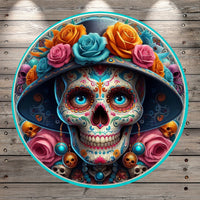 Sugar Skull, Calaveras De Azúcar, Day Of The Dead, Dia De Los Muertos, Floral Hat, Light Weight, Metal, Wreath Sign, No Holes In Sign