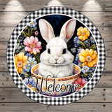 Spring Bunny In Bowl, Welcome, Spring, Black And White Border, Light Weight, Metal, Wreath Sign, Round, With No Holes