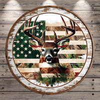 American Flag Buck Deer | Lightweight Round Metal Wreath Sign | No Holes in Sign | Rustic Hunting Decor