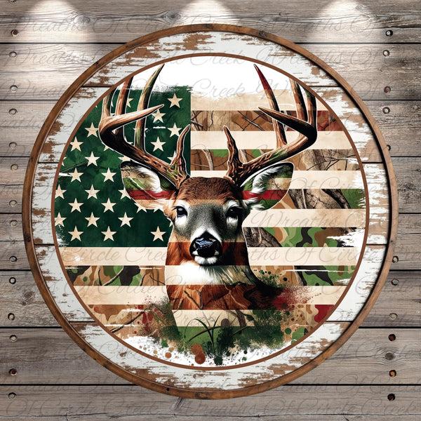 American Flag Buck Deer | Lightweight Round Metal Wreath Sign | No Holes in Sign | Rustic Hunting Decor