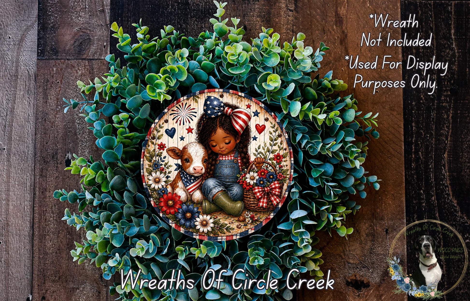 A wreath made of green leaves and flowers, featuring a small girl and a cow, with a text overlay that reads "Wreath Not Included * Used For Display Purposes Only" and "Wreaths of Circle Creek".