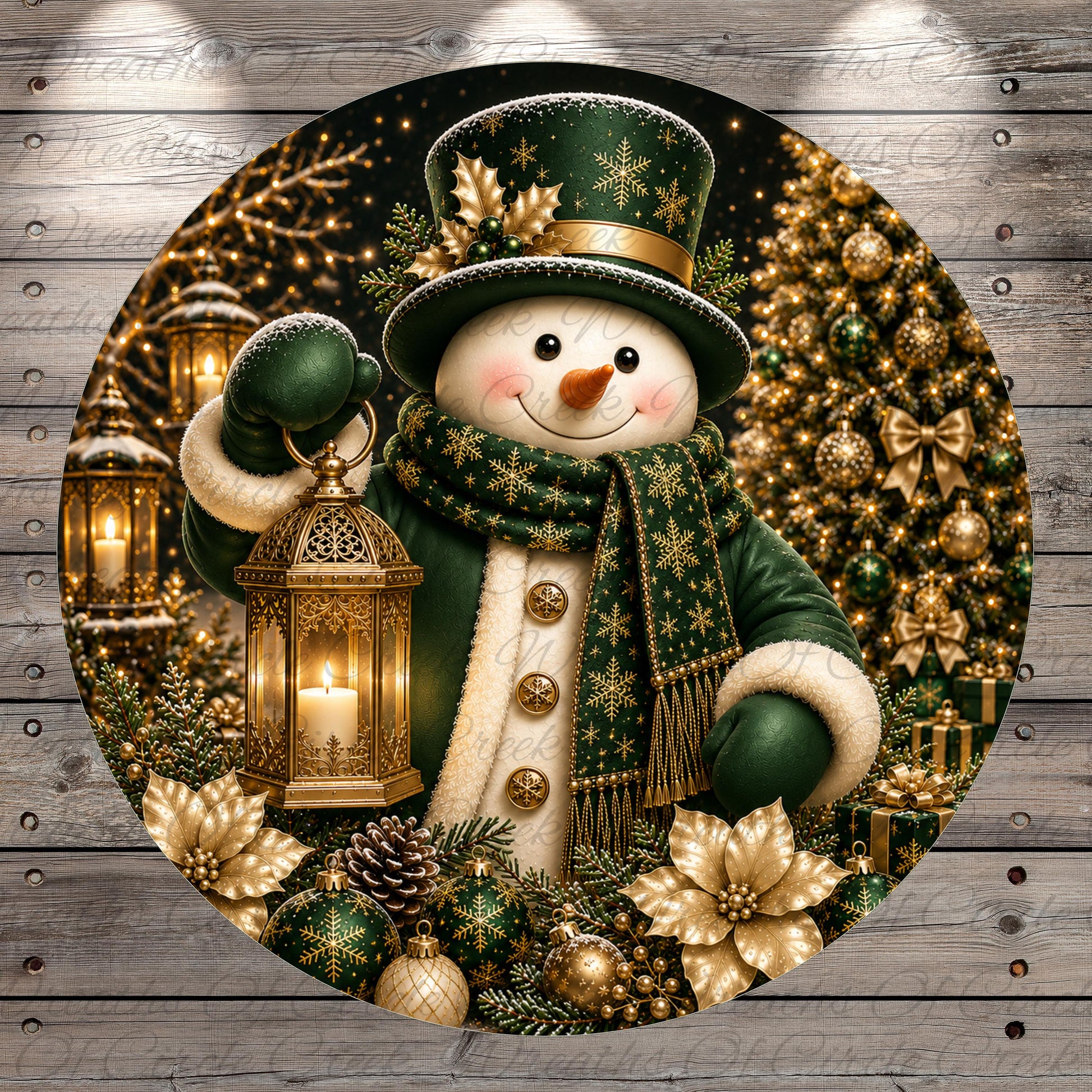 A festive Christmas scene featuring a snowman holding a lantern, surrounded by holiday decorations such as ornaments, pine cones, and a decorated Christmas tree.