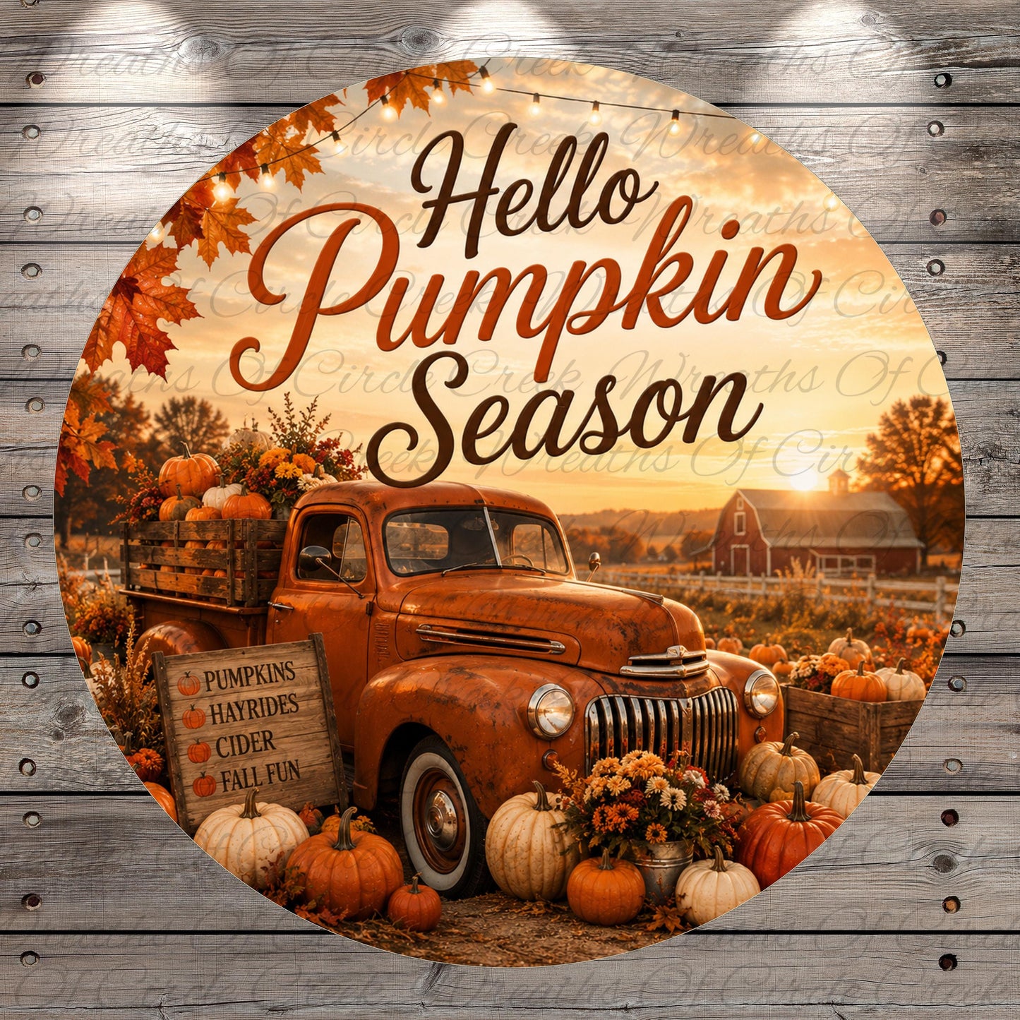 A vintage orange truck surrounded by pumpkins, hayrides, cider, and fall fun, with a sign that reads "Hello Pumpkin Season" against a backdrop of a sunset and autumn foliage.