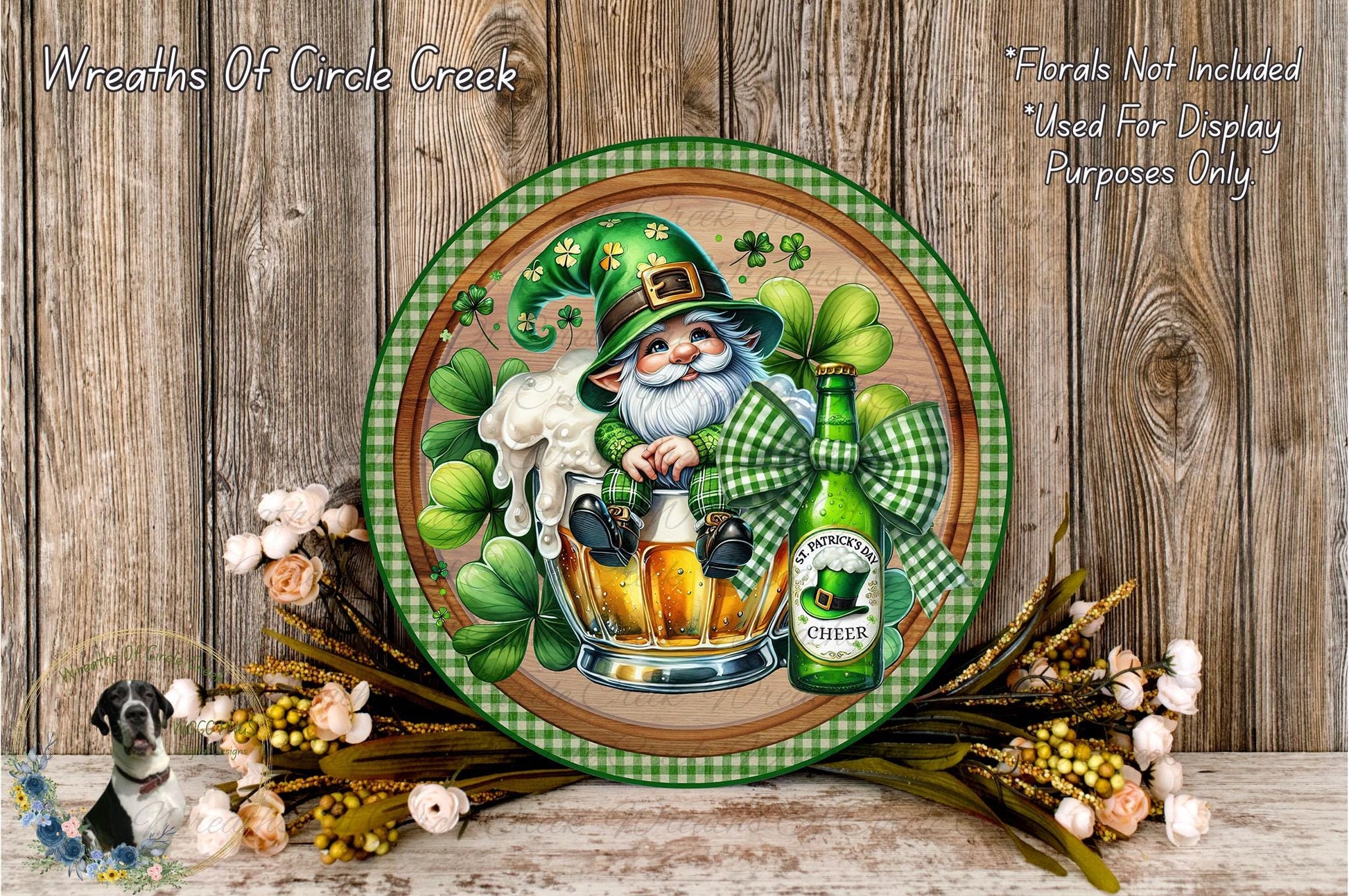 A decorative plate featuring a cartoon leprechaun holding a mug of beer, surrounded by flowers and a green bow.