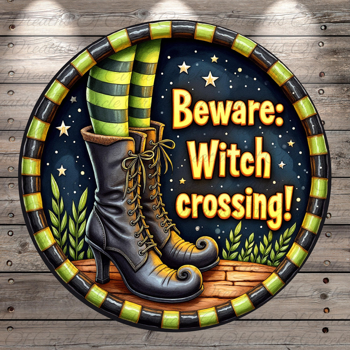 A pair of tall, pointed boots with green and black striped socks, set against a night sky with stars and plants, and a warning text that reads "Beware: Witch crossing!"