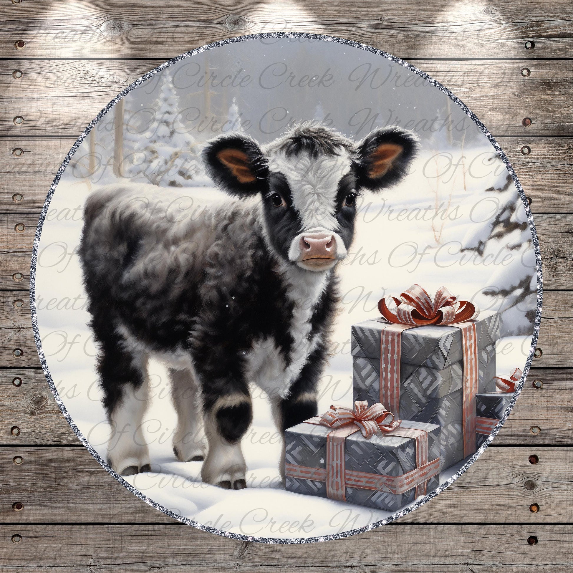 A black and white cow stands in a snowy landscape, surrounded by three gift boxes with red bows, creating a festive scene.