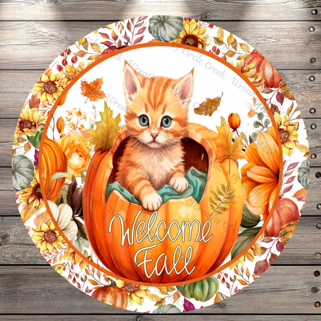 Kitten In Pumpkin, Welcome Fall, Pumpkin And Sunflower Border, Round U ...