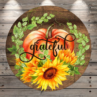 Fall Pumpkin, Sitting In Sunflowers, Grateful, Thanksgiving, Round, Light Weight, Metal Wreath Sign, No Holes In Sign