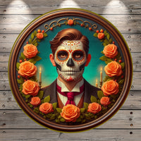 Day Of The Dead, Dia De Los Muertos, Man, Orange Florals, Candles, Light Weight, Metal, Wreath Sign, No Holes In Sign