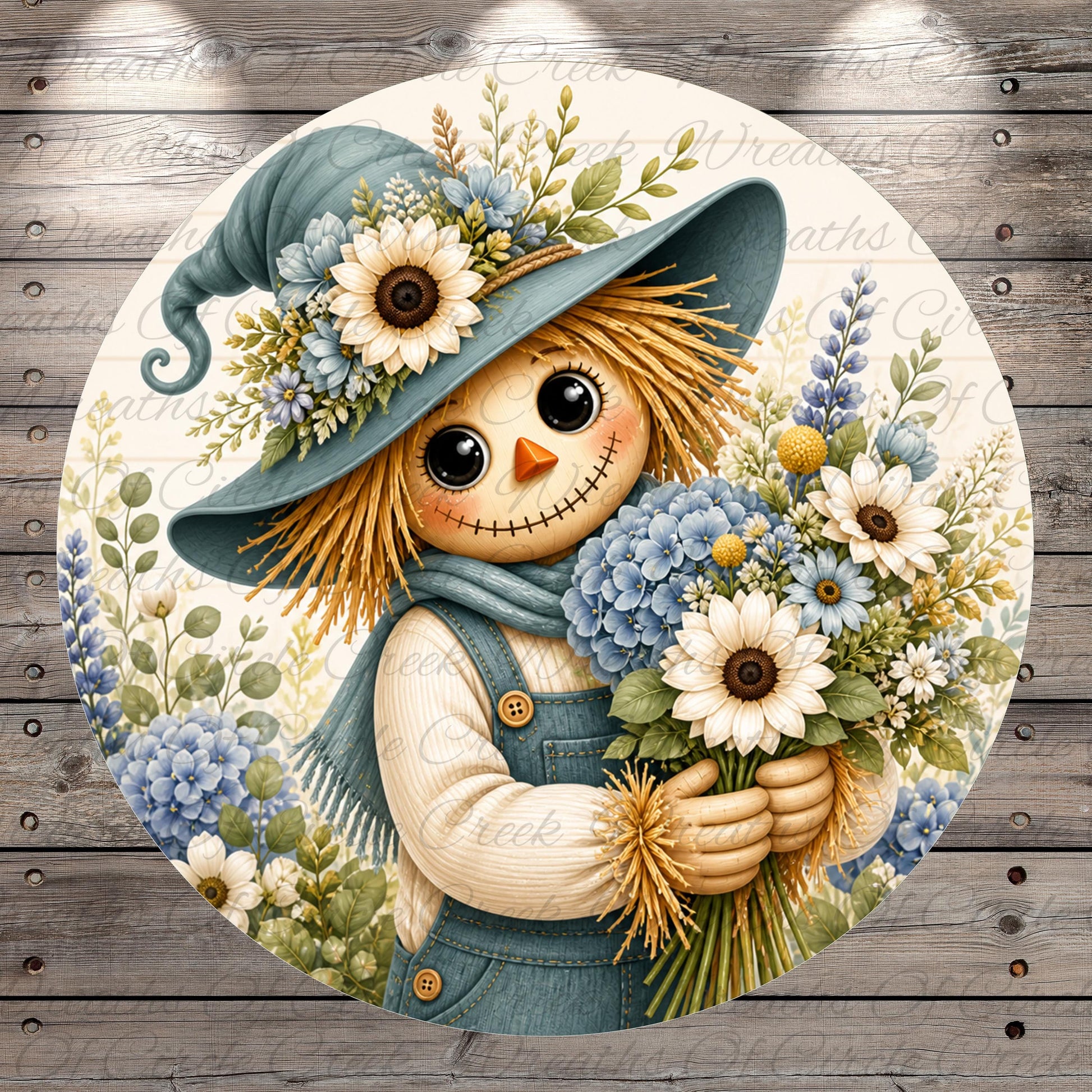 A round illustration of a scarecrow holding a bouquet of flowers, with a whimsical and charming appearance.