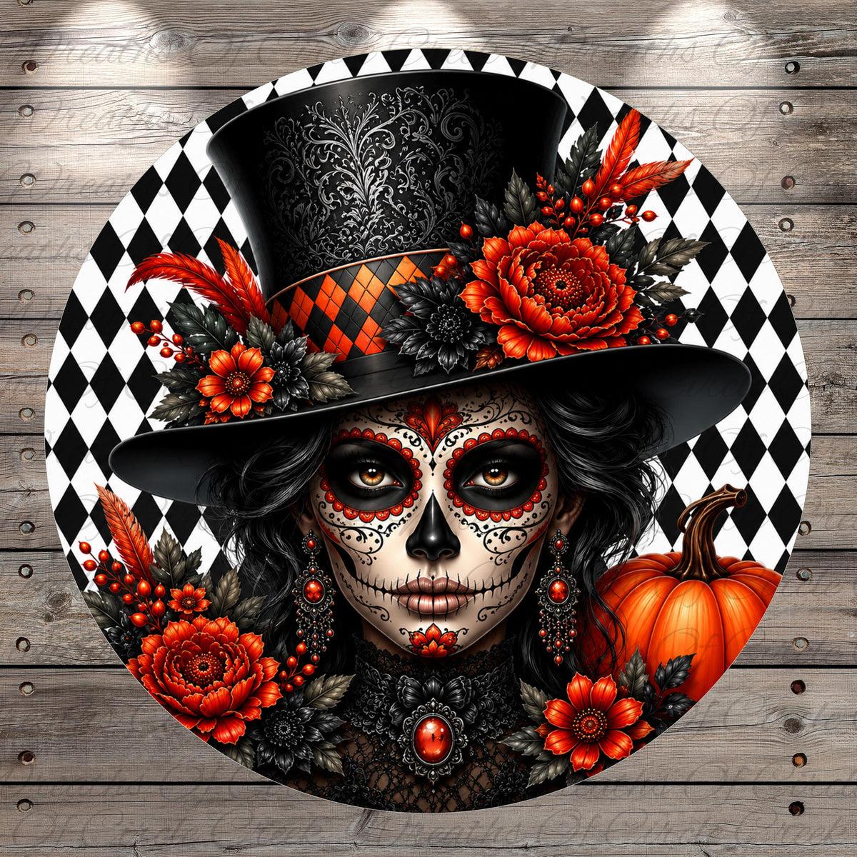 A digital illustration of a woman with a skull-like face, wearing a black top hat with red and orange flowers, and surrounded by a black and white checkered background.