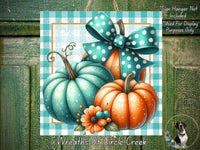 The image is a vibrant autumn-themed collage featuring three pumpkins with polka dots, a bow, and a flower, set against a green and white checkered background.